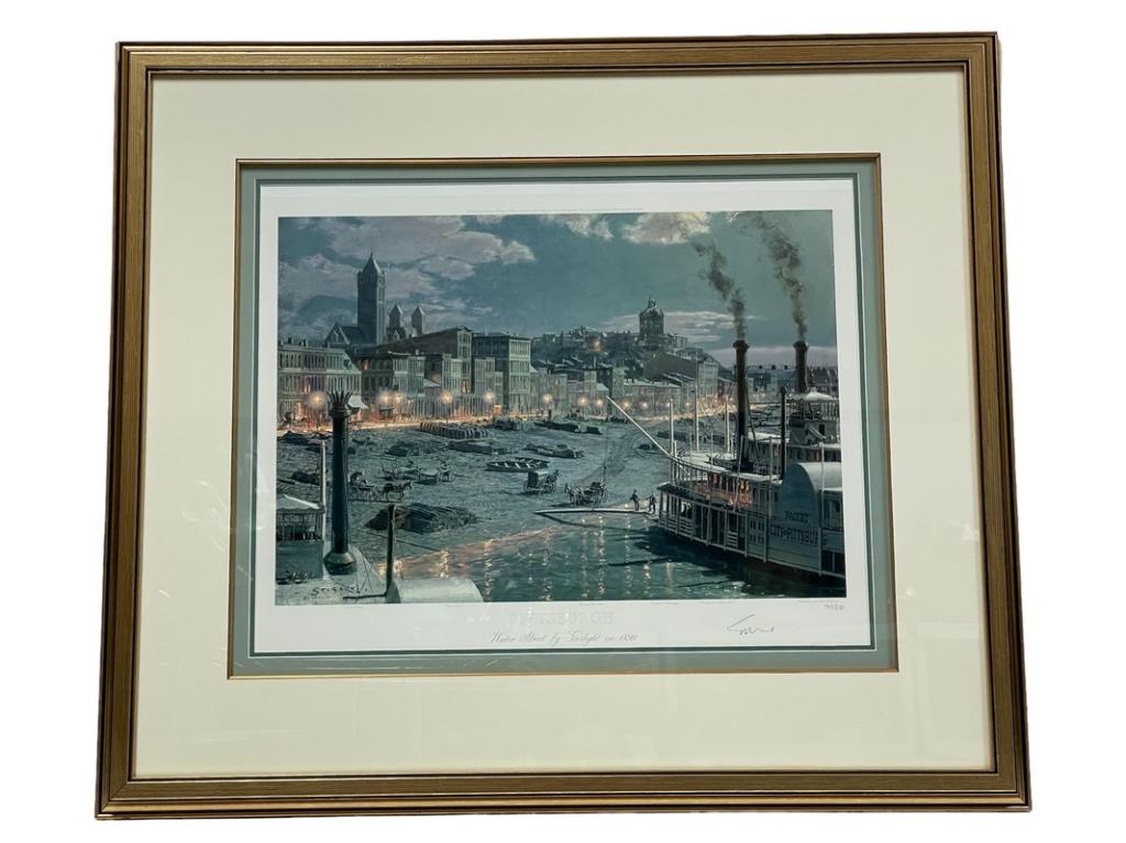JOHN STOBART PITTSBURGH SIGNED PRINT 28": JOHN STOBART PITTSBURGH SIGNED PRINT | COLLECTIBLE TALL SHIPS BOATS NAUTICAL MARINE COASTAL ART AMERICAN NAVAL HISTORY-28" X 32" APPROX-WATER STREET BY GASLIGHT 1899-NUMBERED 745 / 850 LIMITED EDITION