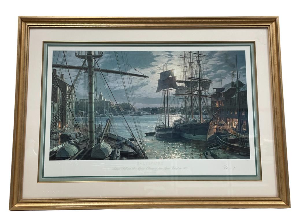 JOHN STOBART BALTIMORE SIGNED SHIP PRINT 42": JOHN STOBART BALTIMORE SIGNED PRINT | COLLECTIBLE TALL SHIPS BOATS NAUTICAL MARINE COASTAL ART AMERICAN NAVAL HISTORY-30" X 42" APPROX-FEDERAL HILL AND THE MARINE OBSERVATORY FROM SPEARS WHARF 1872-NU