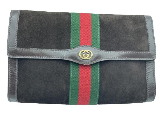 GUCCI PARFUMS VINTAGE WEB POUCH: Gucci Gucci Parfums Vintage Web Pouch -Brown Canvas Canvas- Gold -25*15*7cm -ALL BAG HAVE BEEN AUTHENTICATED- AAT0798-