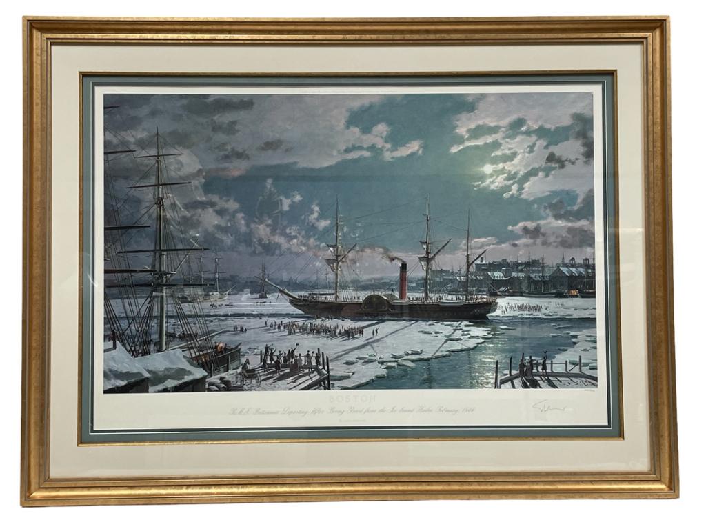 JOHN STOBART BOSTON SIGNED SHIP PRINT 43": JOHN STOBART BOSTON SIGNED PRINT | COLLECTIBLE TALL SHIPS BOATS NAUTICAL MARINE COASTAL ART AMERICAN NAVAL HISTORY-32" X 43" APPROX-RMS BRITTANIA DEPARTING AFTER BEING FREED FROM THE ICE BOUND HARBOR