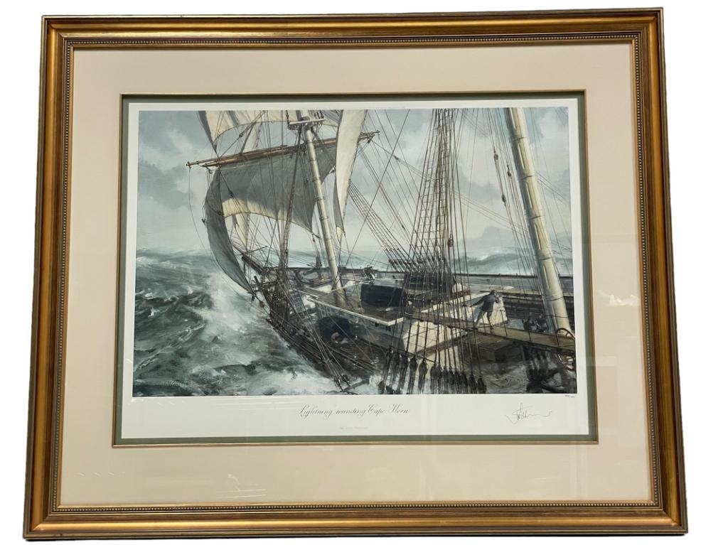 JOHN STOBART CAPE HORN SIGNED SHIP PRINT 41.5": JOHN STOBART LIGHTNING ROUNDING CAPE HORN SIGNED PRINT | COLLECTIBLE TALL SHIPS BOATS NAUTICAL MARINE COASTAL ART AMERICAN NAVAL HISTORY-34.5" X 41.5" APPROX-RMS BRITTANIA DEPARTING AFTER BEING FREED