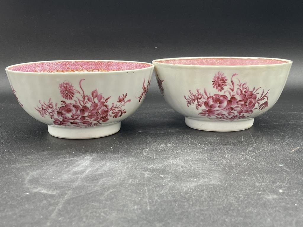 PAIR OF ANTIQUE PINK FLORAL BOWLS 5.5": PAIR OF ANTIQUE PINK FLORAL BOWLS-5.5" APPROX-PRE OWNED CONDITION WEAR CONSISTENT WITH AGE AND USE, DISCOLORATION, WEAR-DP7122 THIRD PARTY SHIPPING REQUIRED ON ALL ITEMS. A list of shippers can be fou
