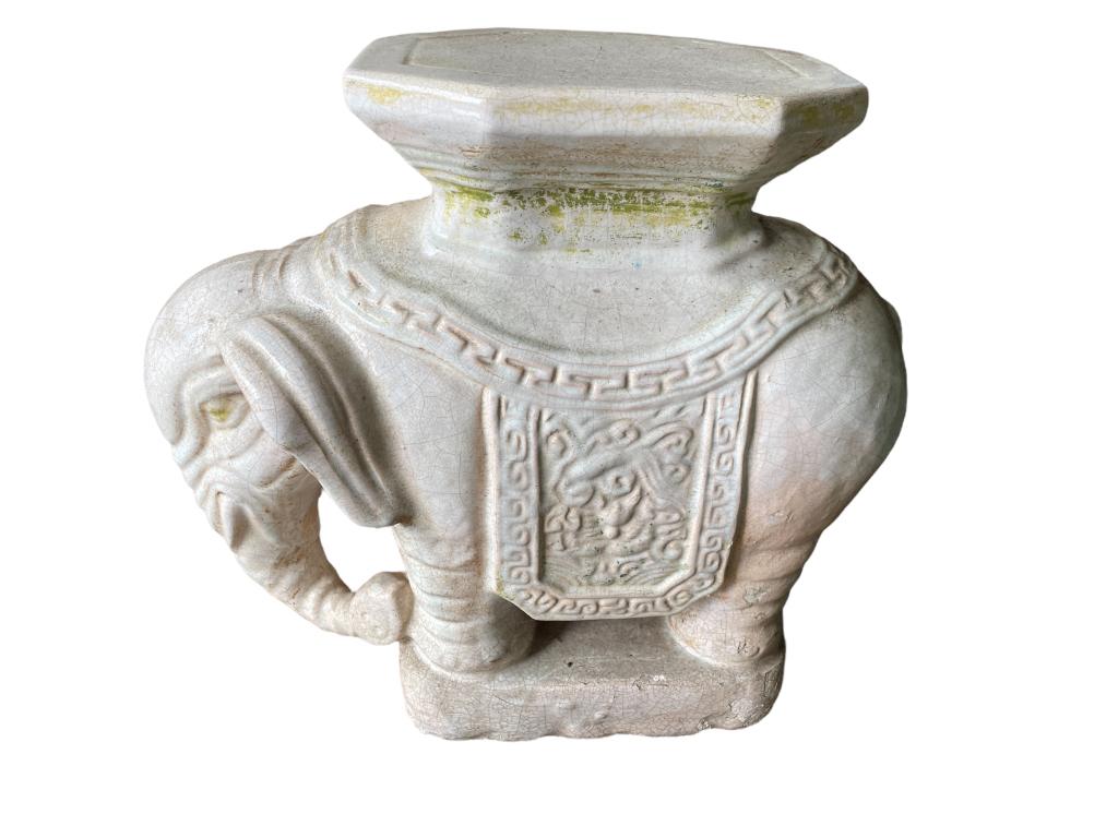 VINTAGE CERAMIC GARDEN ELEPHANT 15": VINTAGE CERAMIC GARDEN ELEPHANT | MID MOD OUTDOOR SIDE TABLE JARDINERE-15" x 15" x 8" APPROX-PRE OWNED CONDITION, WEAR, CHIP TO BOTTOM-DP7622 THIRD PARTY SHIPPING REQUIRED ON ALL ITEMS. A list of ship
