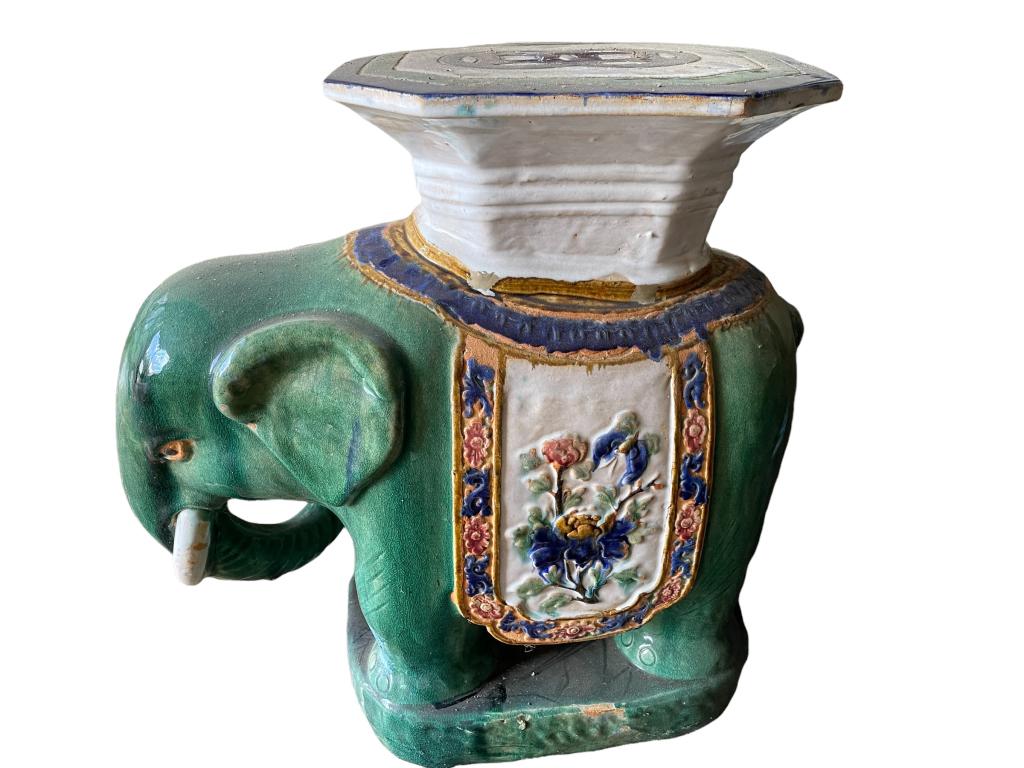 VINTAGE CERAMIC GARDEN ELEPHANT 15": VINTAGE CERAMIC GARDEN ELEPHANT SIDE TABLE JARDINERE | MID CENTURY HOME AND GARDEN ACCESSORIES MID MOD HOME DECOR-22" X 20" X 9" APPROX-PRE OWNED CONDITION, MINOR WEAR