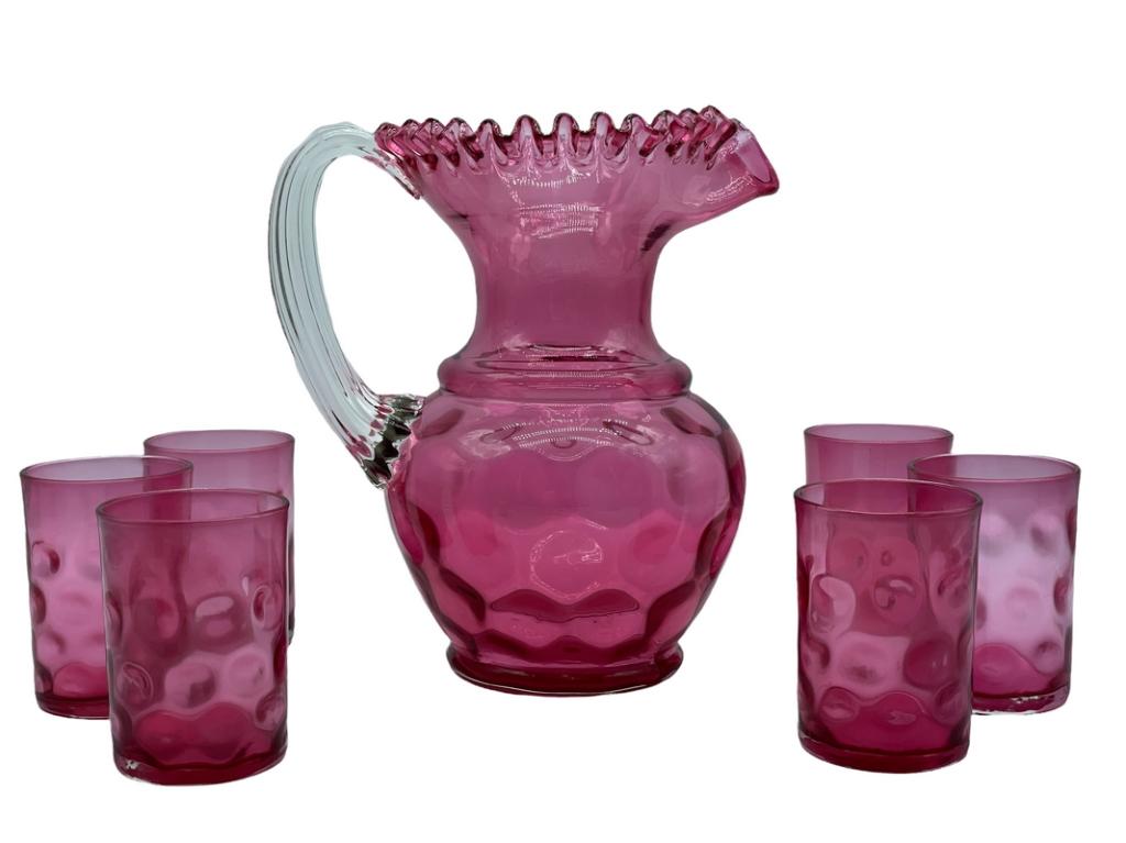 VTG FENTON CRANBERRY GLASS PITCHER & 6 GLASS SET (1 of 10)