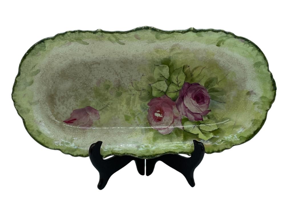 ANTIQUE BAVARIAN ROSE RELISH DISH 12": ANTIQUE BAVARIAN ROSE RELISH DISH-12" APPROX-PRE OWNED CONDITION, MINOR CHIPS, CRAZING-DP7522 THIRD PARTY SHIPPING REQUIRED ON ALL ITEMS. A list of shippers can be found in our Shipping Policy and in 