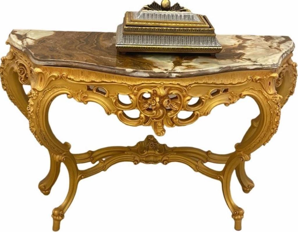 ITALIAN ROCOCO GOLD GILTWOOD STYLE CONSOLE TABLE: ITALIAN ROCOCO GOLD GILTWOOD STYLE CONSOLE TABLE WITH MARBLE TOP-33" X 46.5" X 17" APPROX-GOOD PRE OWNED CONDITION