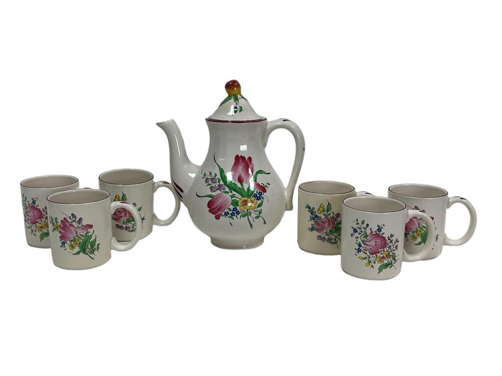 7pc LUNEVILLE FRANCE CENTRAL ROSE COFFEE / TEA SET: VINTAGE K&G LUNEVILLE FRANCE CENTRAL ROSE COFFEE CUP/ TEA SERVING SET WITH 6 CUPS AND POT | OLD STRAUSBERG KELLER AND GUERIN EARTHENWARE -PRE OWNED CONDITION, CHIPS, DISCOLORATION, MINOR REPAIR-DP7822