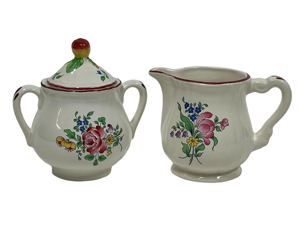 VTG K&G LUNEVILLE CENTRAL ROSE SUGAR & CREAMER SET: VINTAGE K&G LUNEVILLE FRANCE CENTRAL ROSE CREAMER AND LIDDED SUGAR BOWL | OLD STRAUSBERG KELLER AND GUERIN EARTHENWARE -PRE OWNED CONDITION-DP7822 THIRD PARTY SHIPPING REQUIRED ON ALL ITEMS. A list of