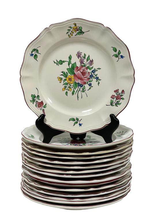 16 VTG K&G LUNEVILLE CENTRAL ROSE 9.5" PLATES: 16 VINTAGE K&G LUNEVILLE FRANCE CENTRAL ROSE 9.5" PLATES | OLD STRAUSBERG KELLER AND GUERIN EARTHENWARE -9.5" DIAMETER EACH-PRE OWNED CONDITION, MINOR CHIPS AND WEAR TO FINISH, DISCOLORATION, AS IS-DP