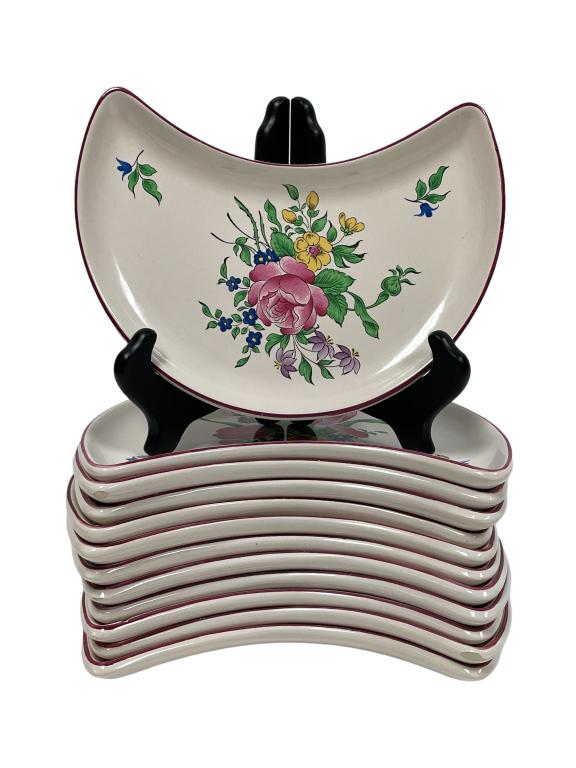 12 LUNEVILLE CENTRAL ROSE HALF MOON SALAD PLATES: 12 VINTAGE K&G LUNEVILLE FRANCE CENTRAL ROSE CRESCENT MOON HALF MOON SALAD PLATES | OLD STRAUSBERG KELLER AND GUERIN EARTHENWARE TABLEWARE TABLE ACCESSORIES-PRE OWNED CONDITION, MINOR CHIPS AND WEAR T
