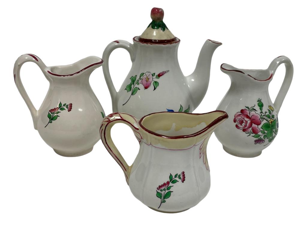 VINTAGE K&G LUNEVILLE FRANCE CENTRAL ROSE TEA SET: VINTAGE K&G LUNEVILLE FRANCE CENTRAL ROSE TEAPOT & CREAMER SERVING SET | OLD STRAUSBERG KELLER AND GUERIN EARTHENWARE -PRE OWNED CONDITION, CHIPS, DISCOLORATION, REPAIRS, AS IS-DP7822 THIRD PARTY SHIP
