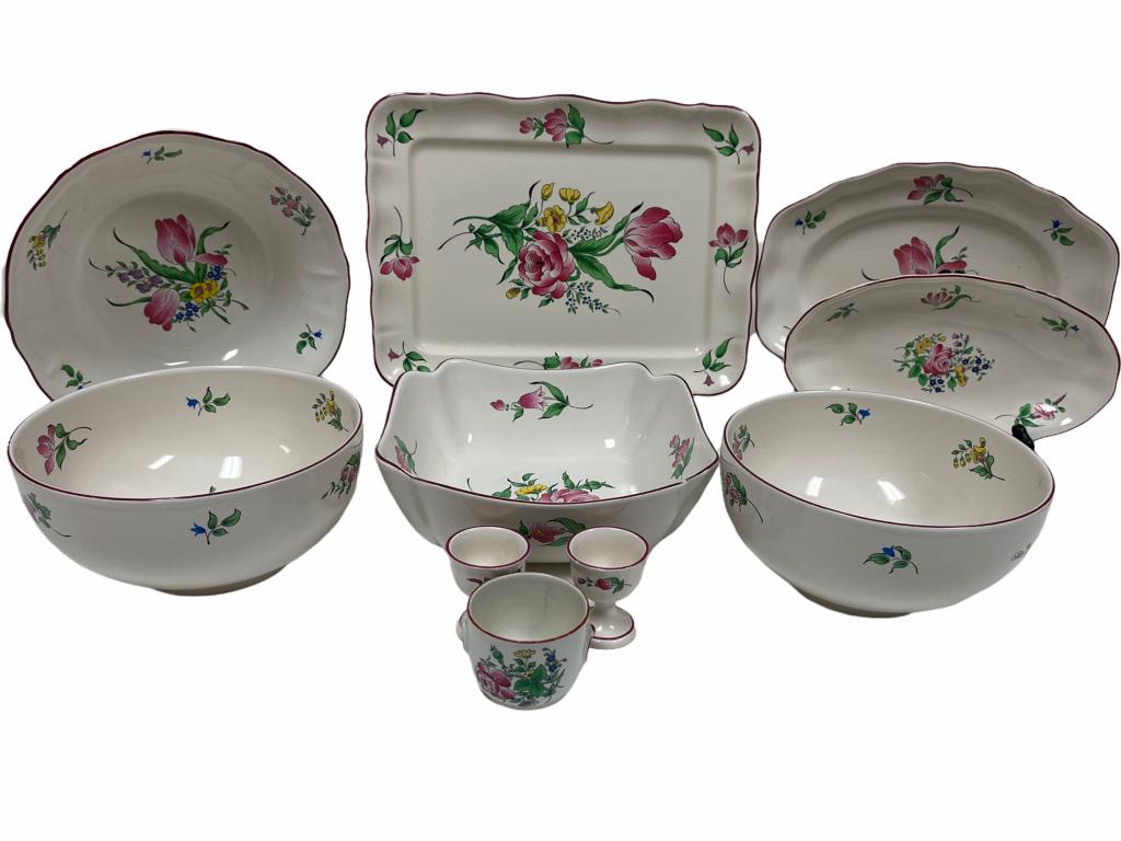 10 PIECE LUNEVILLE FRANCE CENTRAL ROSE SERVING SET: VINTAGE 10 PIECE K&G LUNEVILLE FRANCE CENTRAL ROSE SERVING SET PLUS EXTRAS| OLD STRAUSBERG KELLER AND GUERIN EARTHENWARE -PRE OWNED CONDITION, WEAR, AS IS-DP7822 THIRD PARTY SHIPPING REQUIRED ON ALL I