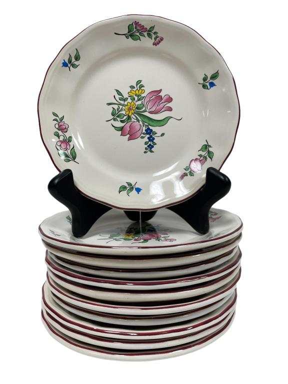 11 LUNEVILLE FRANCE CENTRAL ROSE PLATES 5.5": SET OF 11 VINTAGE K&G LUNEVILLE FRANCE CENTRAL ROSE 5.5" SALAD / DESSERT SIDE PLATES | OLD STRAUSBERG KELLER AND GUERIN EARTHENWARE -PRE OWNED CONDITION, CHIPS, DISCOLORATION, MINOR REPAIR-DP7822 THIR