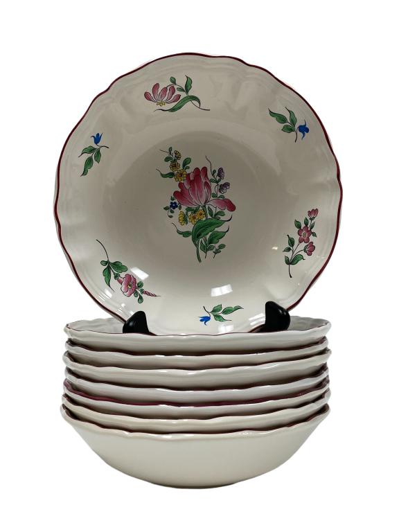 13 LUNEVILLE FRANCE CENTRAL ROSE BOWLS 7.5": SET OF 8 VINTAGE K&G LUNEVILLE FRANCE CENTRAL ROSE 7.5" BOWLS | OLD STRAUSBERG KELLER AND GUERIN EARTHENWARE -PRE OWNED CONDITION, CHIPS, DISCOLORATION, WEAR-DP7822 THIRD PARTY SHIPPING REQUIRED ON AL