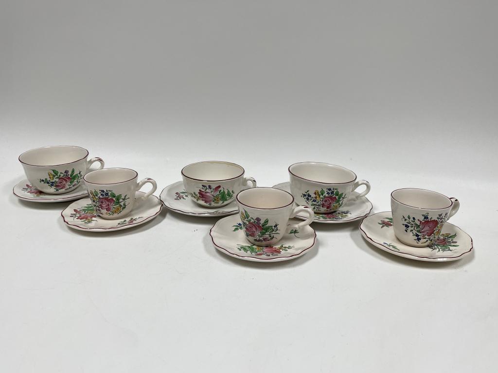 6 LUNEVILLE CENTRAL ROSE COFFEE CUPS & SAUCERS: 6 K&G LUNEVILLE FRANCE CENTRAL ROSE COFFEE CUPS AND SAUCERS ( 3 OVERSIZED 3 REGULAR)| OLD STRAUSBERG KELLER AND GUERIN EARTHENWARE -PRE OWNED CONDITION, WEAR, AS IS-DP7822 THIRD PARTY SHIPPING REQUIRE