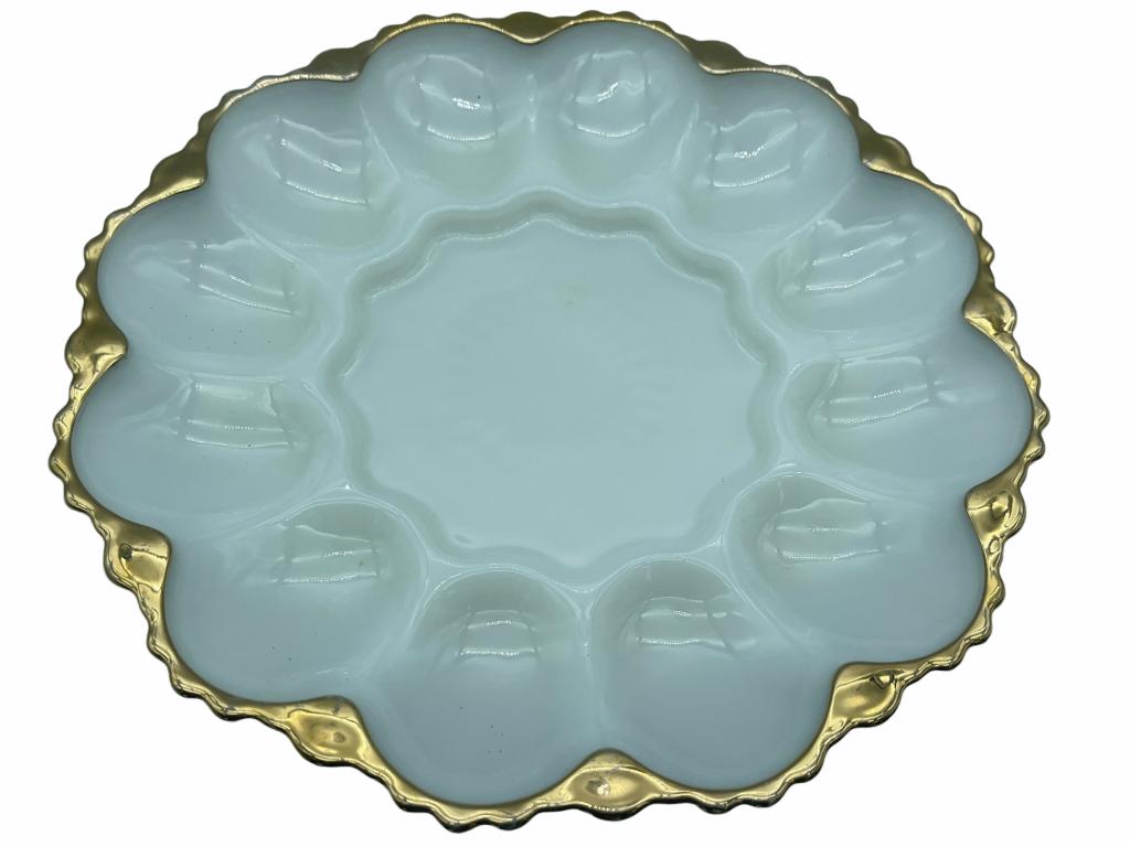 VTG GOLD GILT SCALLOPED EDGE MILK GLASS EGG PLATE: VTG GOLD GILT SCALLOPED EDGE MILK GLASS EGG PLATE