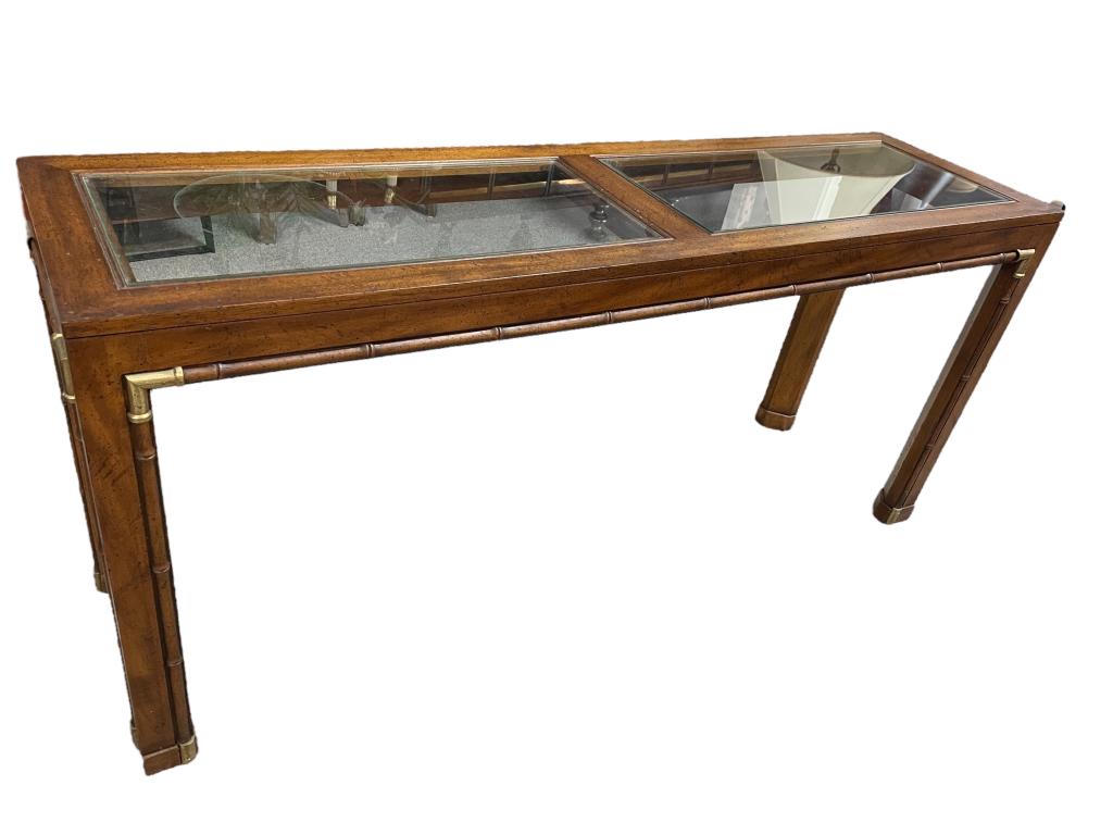 FAUX BAMBOO STYLE WOOD CONSOLE TABLE 58": VINTAGE FAUX BAMBOO STYLE WOOD CONSOLE TABLE WITH BRASS DETAIL HARDWARE | FLORIDA REGENCY CHINOISERIE TABLES COASTAL MODERN HOME DECOR-26" X 58" X 16" APPROX-GOOD PRE OWNED CONDITION, WEAR TO WOOD