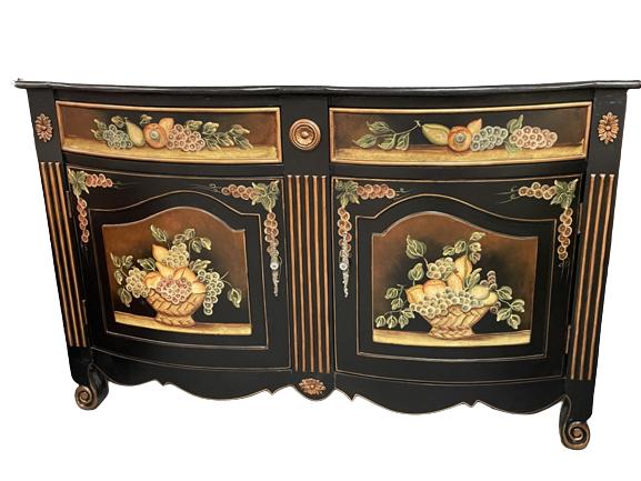 VINTAGE BLACK HAND PAINTED BUFFET CABINET 52": VINTAGE BLACK LACQUER HAND PAINTED BUFFET CABINET-33" X 52" X 20 " APPROX-GOOD PRE OWNED CONDITION-DP71222
