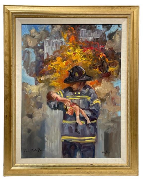 CELIA FARRIS 9/11 NYC FIREFIGHTER PAINTING 29.5" (1 of 5)