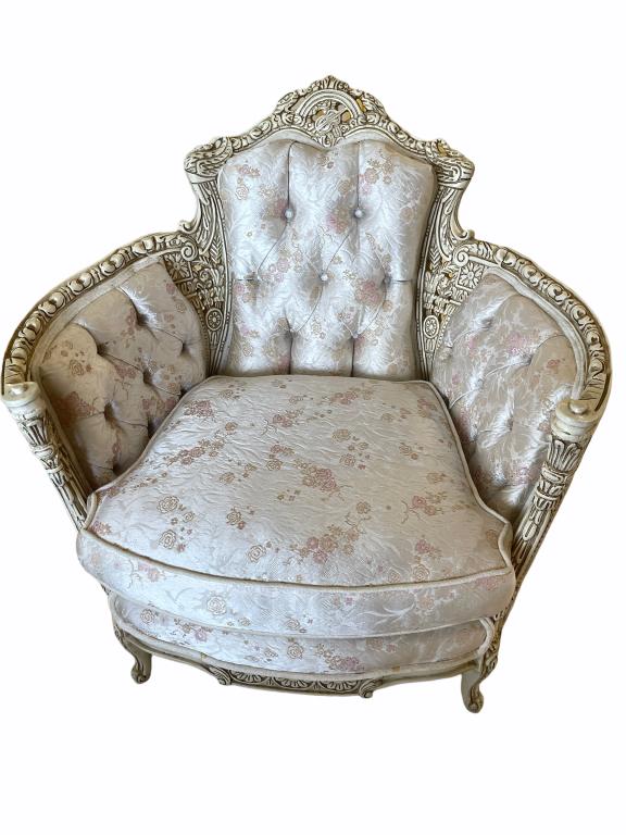 VTG VICTORIAN WINGED BACK BARREL CHAIR: VTG VICTORIAN WINGED BACK BARREL CHAIR VINTAGE VICTORIAN REVIVAL INTRICATELY CARVED WINGED BACK BARREL CHAIR WITH CUSTOM UPHOLSTERY-VERY GOOD OVERALL CONDITION WEAR CONSISTENT WITH AGE AND LIGHT USE,