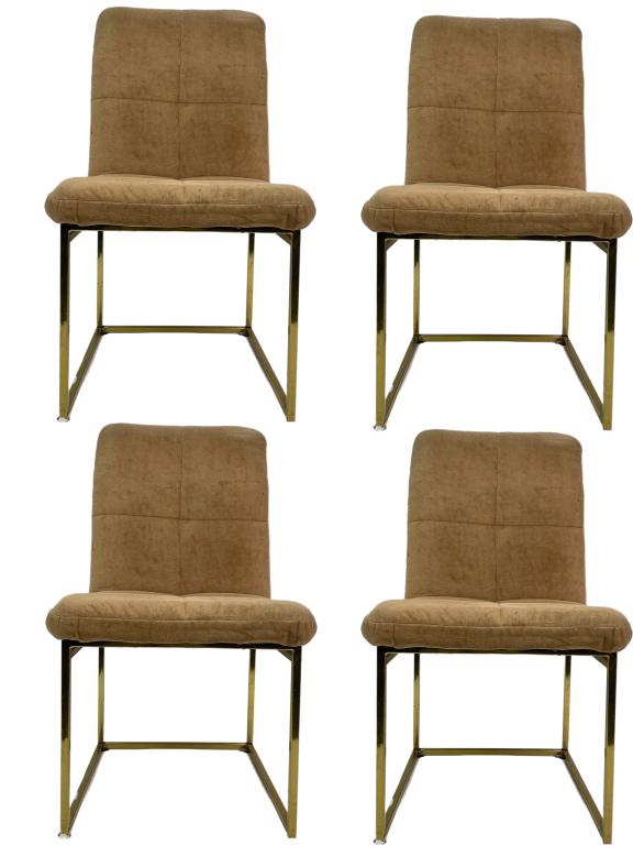 SET OF 4 MID MOD BRASS FINISH DINING CHAIRS: SET OF 4 MID CENTURY MODERN MILO BAUGHMAN STYLE BRASS FINISH DINING CHAIRS | MID CENTURY MODERN FURNITURE VINTAGE CHAIRS-28" X 20" X 17" APPROX SEAT HEIGHT 17.5" APPROX-PRE OWNED CONDITION, WEAR TO UP