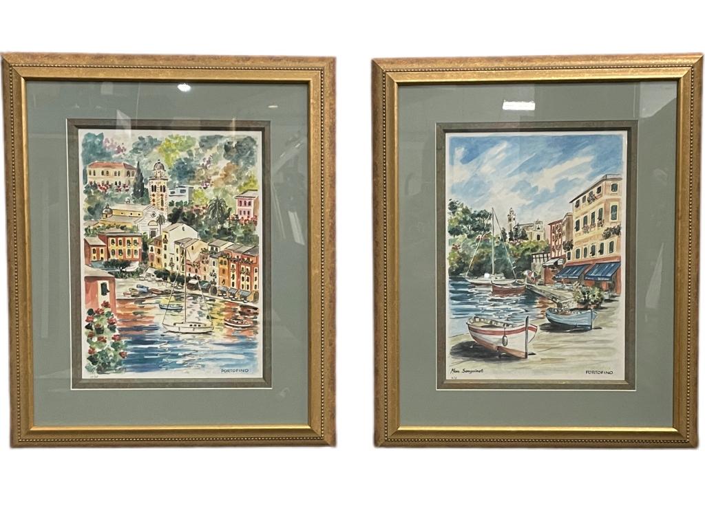 PAIR OF MARA SANGUINETI PORTOFINO ART PRINTS: PAIR OF MARA SANGUINETI PORTOFINO COASTAL MODERN ART PRINTS-22.5" X 19" TO FRAME EACH APPROX---VERY GOOD CONDITION, SEE PHOTOS-DP5322
