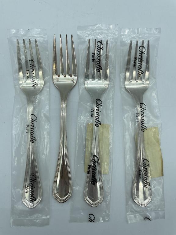 NEW! 4 CHRISTOFLE SILVER BEVELED EDGE FORKS 6.5": SET OF 4 CHRISTOFLE SILVER PLATE BEVELED EDGE SALAD FORKS | COLLECTIBLE REPLACEMENT SILVERWARE TABLEWARE -6.5" APPROX-PRE OWNED CONDITION, WEAR TO METAL-DP61722 THIRD PARTY SHIPPING REQUIRED ON ALL IT