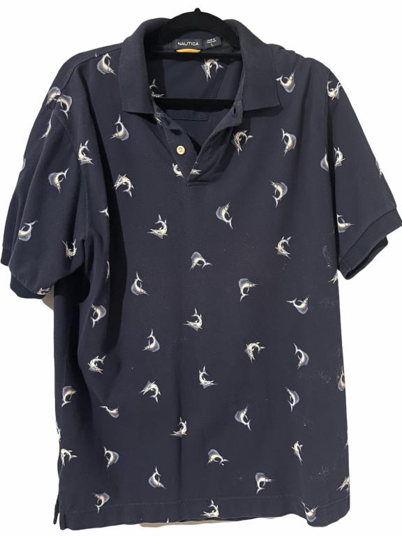NAUTICA COTTON FISH MOTIF POLO SHIRT SZ L: NAUTICA COTTON FISH MOTIF POLO SHIRT SZ L