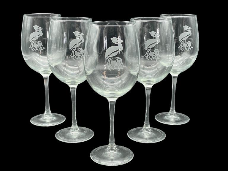 VTG ETCHED WINE GLASSES: -VTG ETCHED WINE GLASSES -SET OF 5JR 7/18
