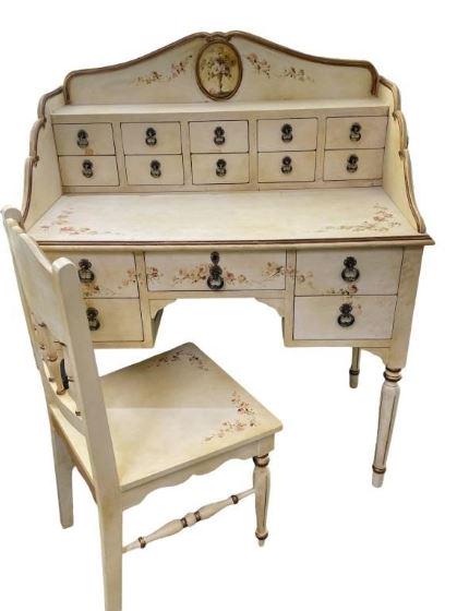 COUNTRY FRENCH STYLE PETITE WRITING DESK & CHAIR: VINTAGE COUNTRY FRENCH STYLE PETITE WRITING DESK & CHAIR-49" X 23" X 41" TO DESK-37" X 18" X 18" APPROX-SEAT HEIGHT 17.5" APPROX-GOOD OVERALL CONDITION, WEAR TO PAINT-DP51622