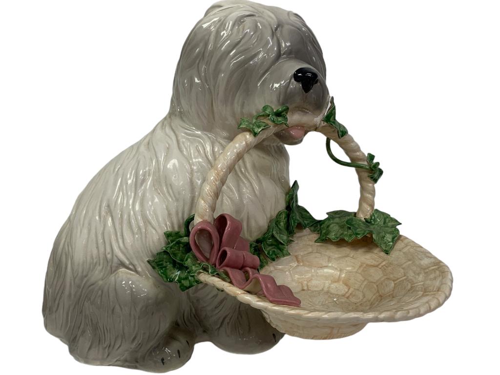 LARGE CERAMIC DOG CARRYING A BASKET 16 1/2" h: LARGE CERAMIC DOG CARRYING A BASKET 16 1/2" h -HAS BEEN REPAIRED- SEE ALL PICTURES