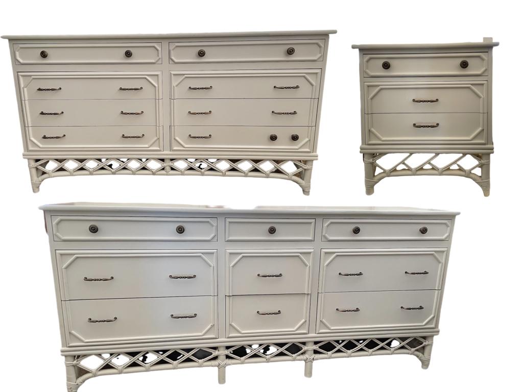 FICKS REED FAUX BAMBOO DRESSER SET: -FICKS REED FAUX BAMBOO BEDROOM DRESSER SET -SET OF 3 -27" x 24" x 18" -33" x 60" x 20" -32"x 72" x 20" APPROX-COASTAL MODERN-GOOD PRE OWNED CONDITION, WEAR-JR 7/21