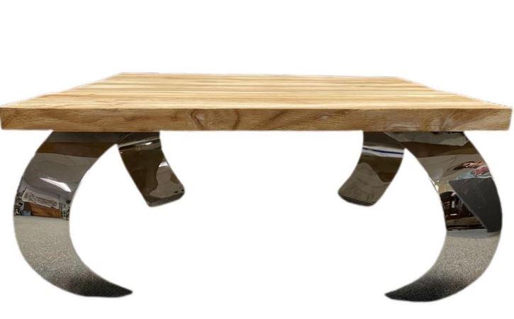 TEAK WOOD TOP VERDANA COFFEE TABLE W STEEL LEGS: VERDANA COFFEE TABLE WITH RECLAIMED TEAK WOOD TOP AND STAINLESS STEEL LEGS-16.5" X 35.5" X 35.5" APPROX-GOOD CONDITION WEAR CONSISTENT WITH AGE AND LIGHT USE-DP32122 THIRD PARTY SHIPPING REQUIRED ON A