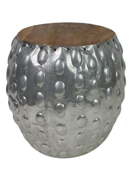 ALUMINUM & WOOD DRUM SIDE TABLE: ALUMINUM & WOOD DRUM SIDE TABLE 2 OF 2-18" X 14.5" APPROX-PRE OWNED CONDITION-DP31722