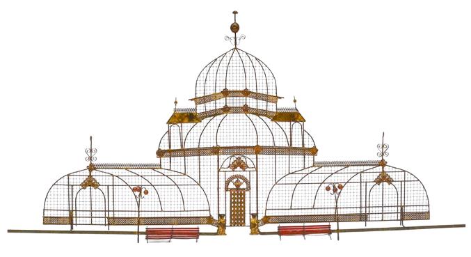 CURTIS JERE PALACE WALL SCULPTURE 33": CURTIS JERE PALACE WALL SCULPTURE-33" X 68" APPROX-SIGNED C. JERE-VERY GOOD OVERALL CONDITION, WEAR CONSISTENT WITH AGE AND USE THIRD PARTY SHIPPING OR LOCAL PICKUP REQUIRED ON ALL ITEMS. A list of sh