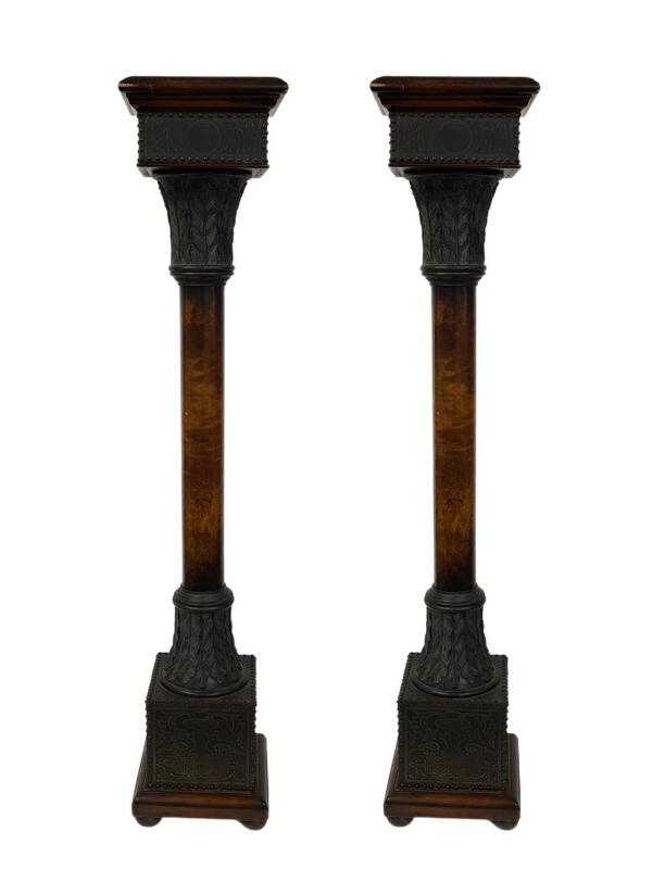 PAIR OF TOOLED METAL & WOOD COLUMN PEDESTALS 48.5" (1 of 8)