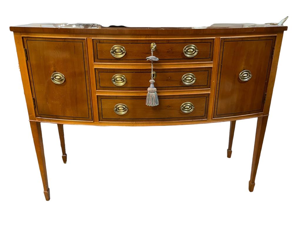 VTG FEDERAL STYLE DEMI LUNE WOOD SIDEBOARD CABINET 50": VINTAGE FEDERAL STYLE DEMI LUNE WOOD SIDEBOARD CABINET-37".5" X 50" X 22" APPROX- GOOD PRE OWNED CONDITION, WEAR TO WOOD-72622 THIRD PARTY SHIPPING OR LOCAL PICKUP REQUIRED ON ALL ITEMS. A list of shi