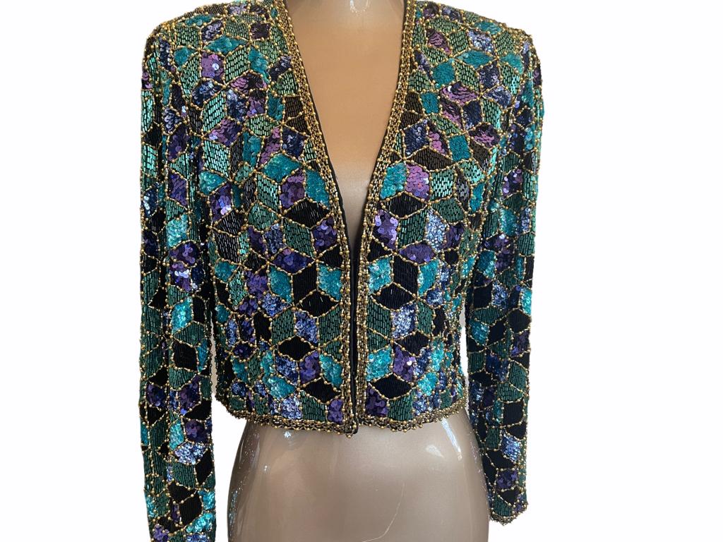 BLACK TIE SILK LINED SEQUIN BOLERO JACKET SZ M (1 of 3)