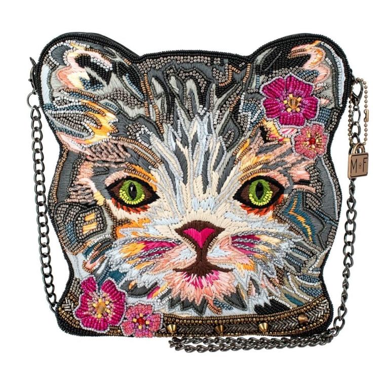NEW! MARY FRANCES " CATTITUDE" CROSSBODY HANDBAG: This hand-beaded and embroidered crossbody cat handbag is so pretty you’ll want to take it everywhere! Perfect for anyone who loves cats and craves style. Ideal for shopping trips long walks with yo