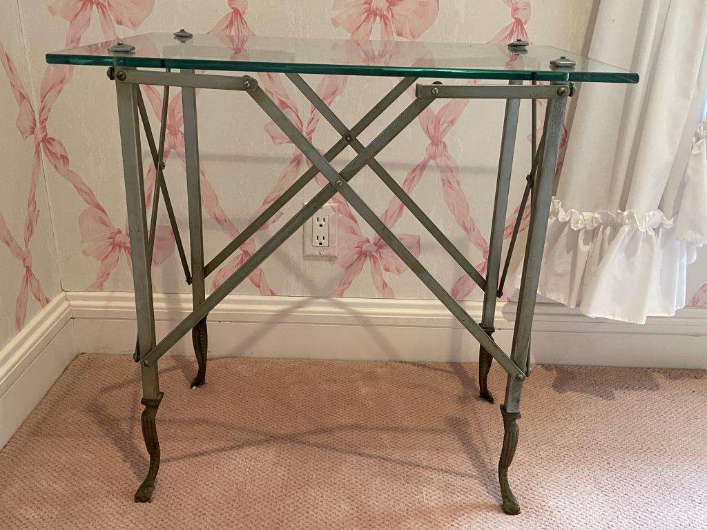 FRENCH DIRECTOIRE STYLE GLASS TOP METAL TABLE 26" (1 of 6)