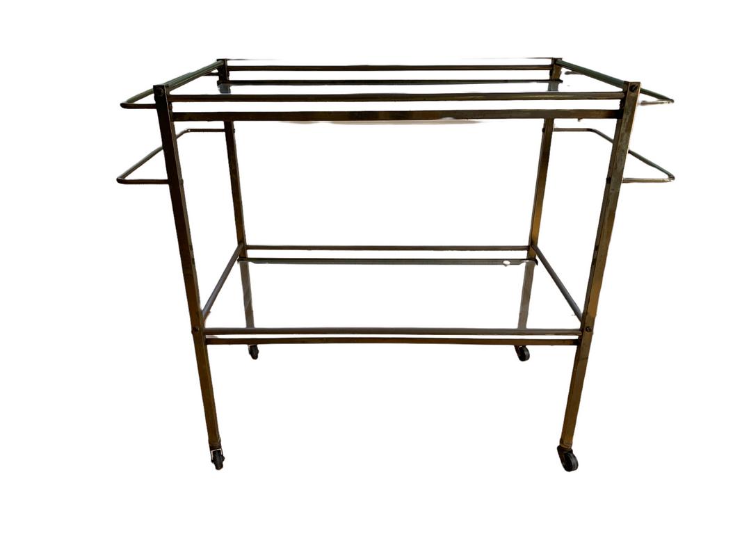 VINTAGE MID CENTURY STYLE BAR CART 31": VINTAGE MID CENTURY STYLE BAR METAL CART WITH GLASS SHELVES-13" X 31" X 25"-GOOD PRE OWNED CONDITION, WEAR, CHIP TO GLASS ON BOTTOM CORNER