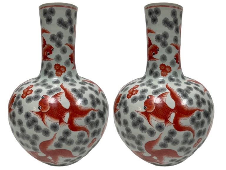 PAIR OF CHINESE KOI FISH BULBOUS VASES 12" (1 of 9)
