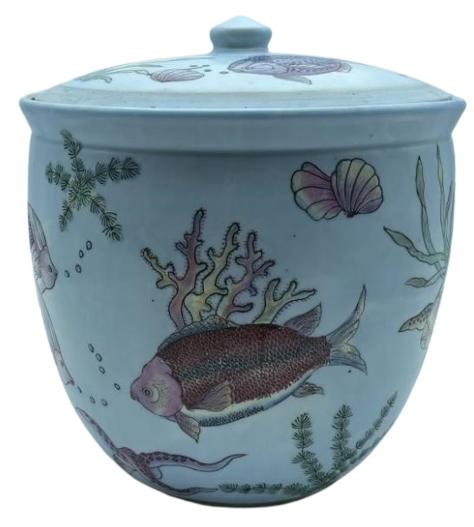 VTG ASIAN MACAU CORAL & FISH LIDDED VESSEL 12" (1 of 5)