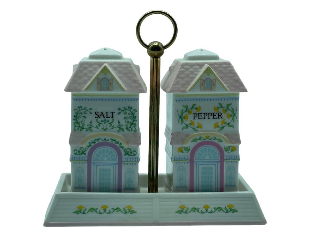 LENOX VILLAGE PORCELAIN SALT & PEPPER SET IN STAND (1 of 7)