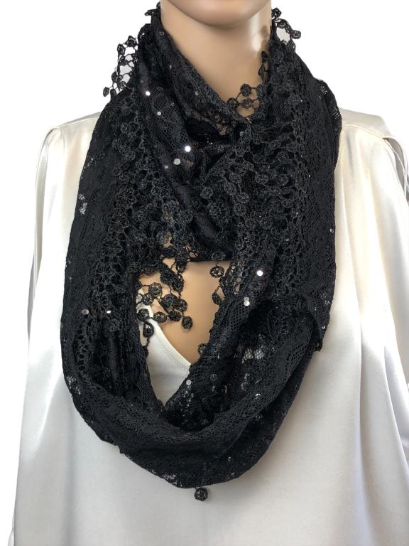 VINTAGE BLACK LACE SEQUINED NECK SHAWL 28" X 12" (1 of 2)