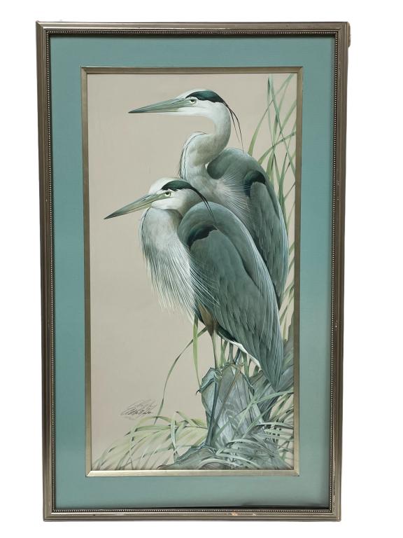 PENCIL SIGNED PAIR OF CRANES ART PRINT 39": PENCIL SIGNED PAIR OF CRANES ART PRINT-SIGNED ILLEGIBLE-39" X 23.5" APPROX TO FRAME-PRE OWNED CONDITION, WEAR TO FRAME-DP81922 THIRD PARTY SHIPPING REQUIRED ON ALL ITEMS. A list of shippers can be fou