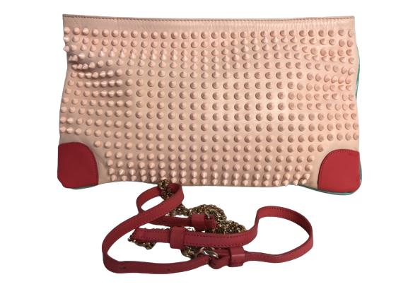 VTG CHRISTIAN LOUBOUTIN LOUBIPOSH SPIKED CLUTCH: VTG CHRISTIAN LOUBOUTIN PASTEL PINK LOUBIPOSH SPIKED CLUTCH - 31CM X 28.5CM X 2CM- PASTEL PINK CALFSKIN LEATHER- GOLD HARDWARE-certificate of authenticity- STRAP- VERYGOOD CONDITION- AAQ6896 WOMEN'S D