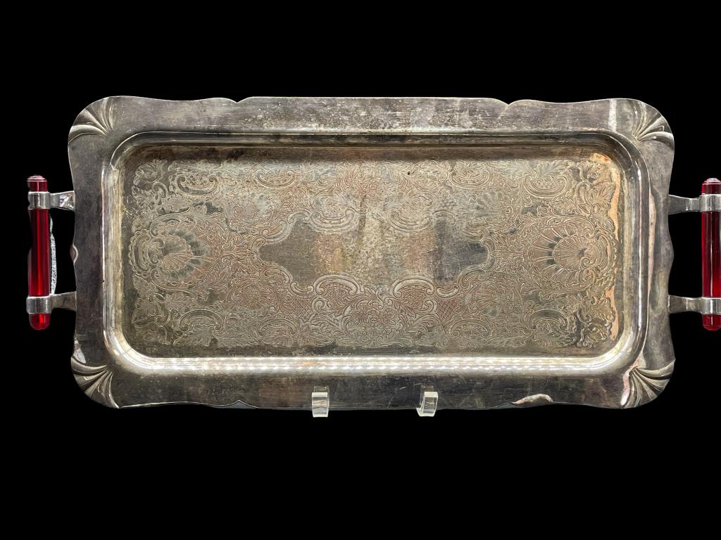 1920'S STYLE SILVER TRAY W RED LUCITE HANDLES 21" (1 of 10)