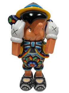 KAWS CHROMA HUICHOL BEADED PINOCCHIO SCULPTURE 16": KAWS / CHROMA HUICHOL BEADED PINOCCHIO GRANDE SCULPTURE 16"-COLOR BEADED RESIN SCULPTURE HUICHOL STYLE ON RESIN BASE-16" APPROX-SIGNED AND ANNOTATED RICK WOLFRYD 2022 TP 0006-EACH WORK IS UNIQUE IN CO